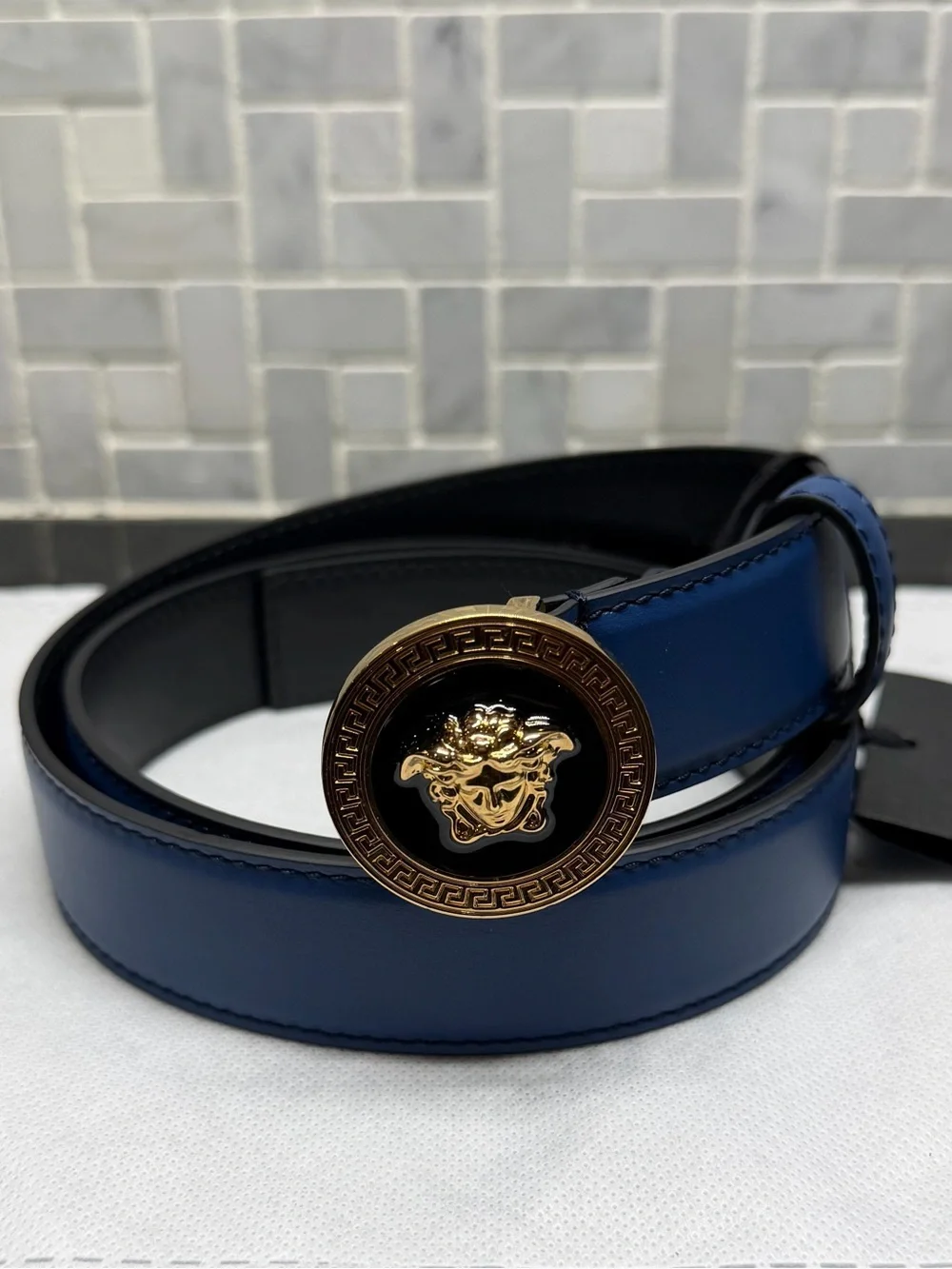 Versace Medusa Biggie Leather Belt Navy Blue Gold Buckle Size 85/34 NWT